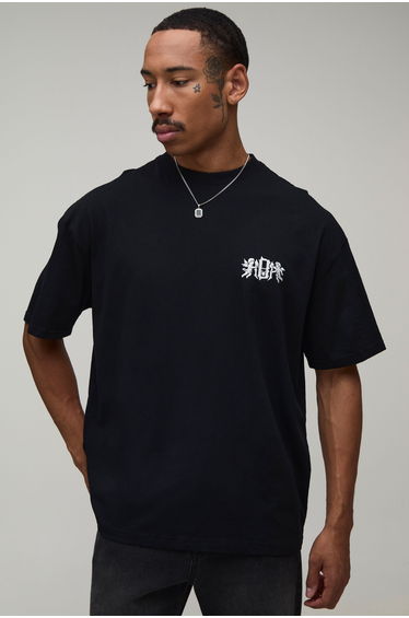 Oversized BM Cherub Embroidered Washed T-Shirt - washed black