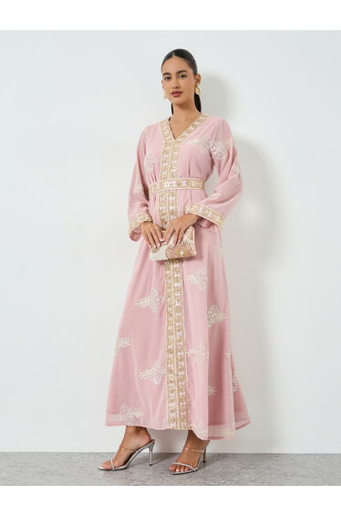 Pink Sequin Embroidered Jalabiya with Tie Belt