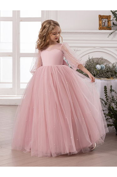Girls Pink Faux Pearl Embellished Bow Detail Mesh Dress
