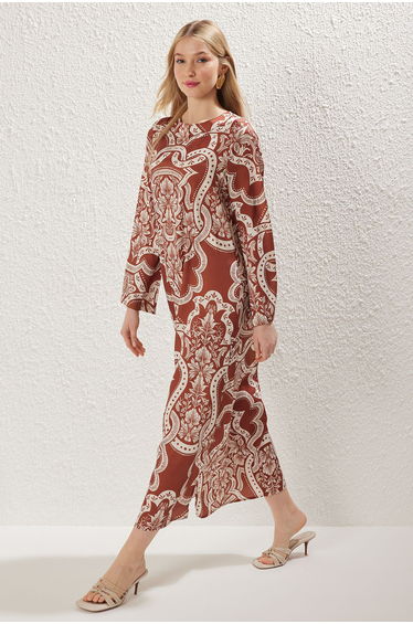 Camel Satin Ethnic Woven Jalabiya Evening Dress