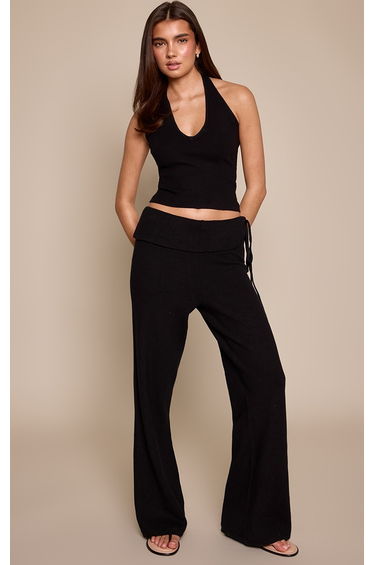 Black Foldover Tie Side Knitted Wide Leg Trouser