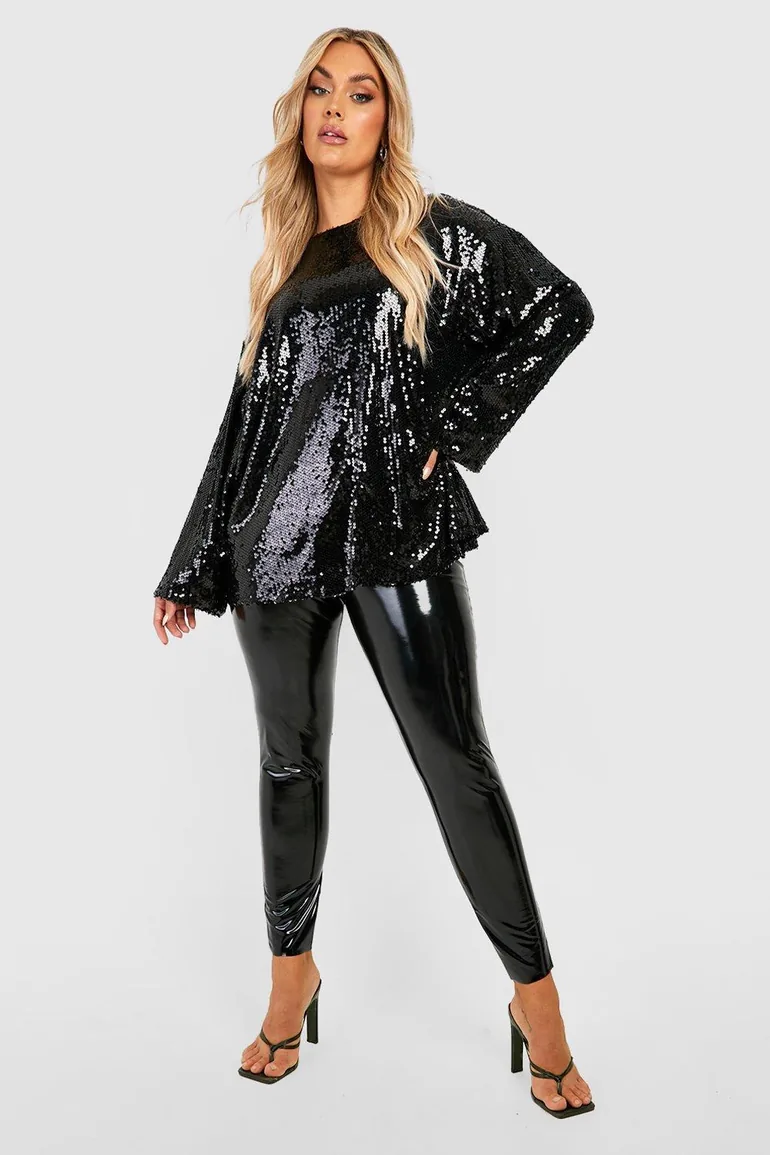 Plus Sequin Long Sleeve Open Back Top - black