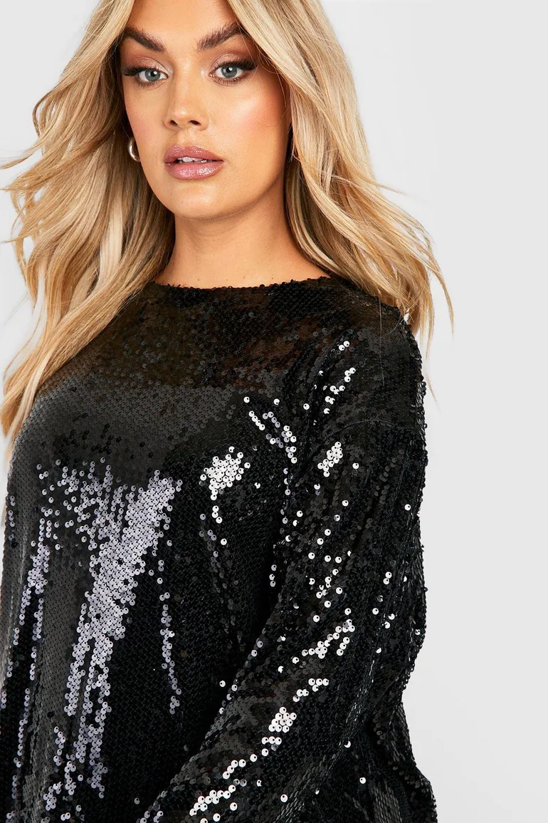 Plus Sequin Long Sleeve Open Back Top - black - 3