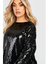 Plus Sequin Long Sleeve Open Back Top - black - 3