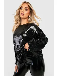 Plus Sequin Long Sleeve Open Back Top - black - 1