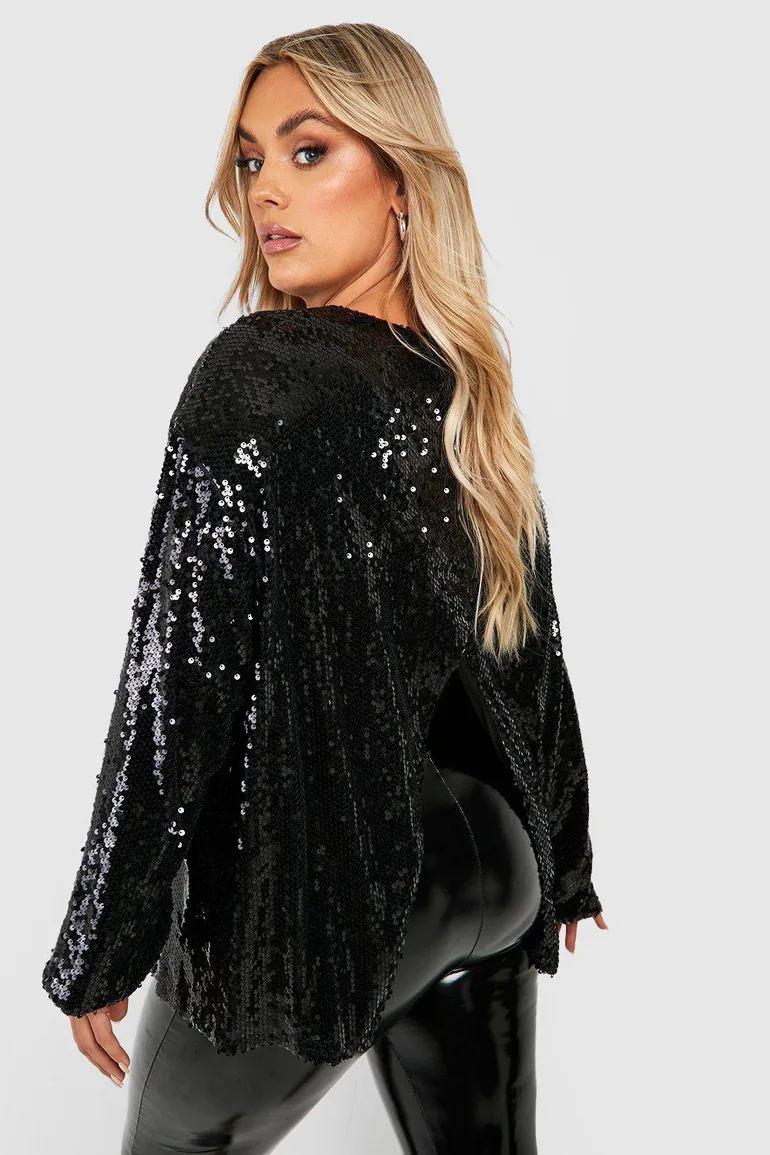 Plus Sequin Long Sleeve Open Back Top - black - 2