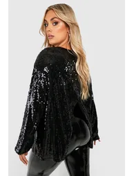 Plus Sequin Long Sleeve Open Back Top - black - 2