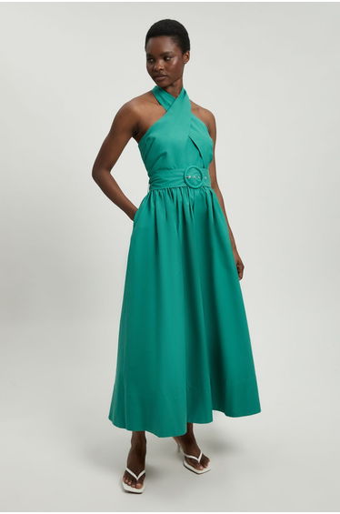 Cotton Poplin Cross Over Halter Neck Woven Midi Dress
