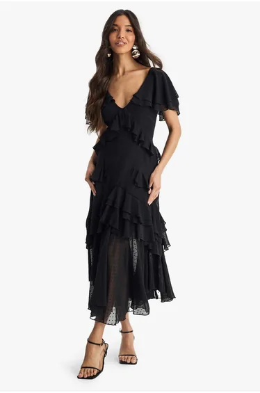 Dobby Frill Detail Maxi Dress - black