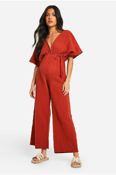 Maternity Rope Belted Wide Leg Jumpsuit - terracotta