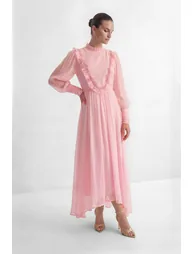 Wanna Know Your Name Pink Beaded Ruffle Trim Maxi Dress - 1