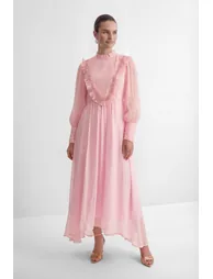 Wanna Know Your Name Pink Beaded Ruffle Trim Maxi Dress