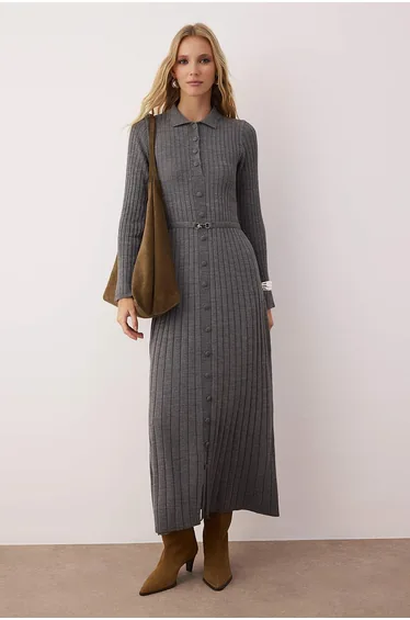 Anthracite Metal Belt Detailed Knitted Rib Dress