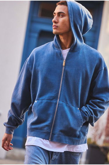 Oversized Boxy Zip Through Denim Wash Hoodie