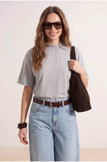 Gray Melange 100% Thick Cotton Mock Neck Quarter Sleeve Knitted T-Shirt