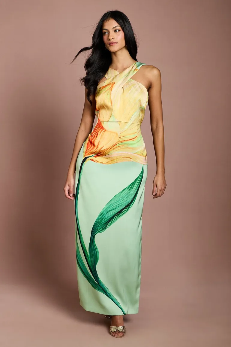 فستان ميدي ضيق بياقة هالتر بطبعة أزهار - للمقاسات الصغيرة