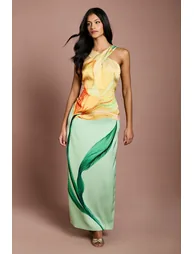 فستان ميدي ضيق بياقة هالتر بطبعة أزهار - للمقاسات الصغيرة