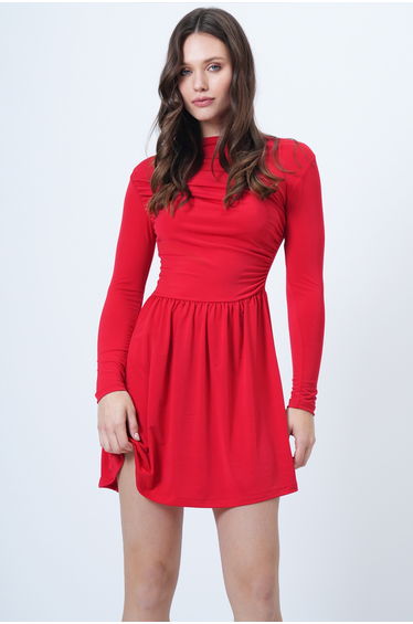 Women's Red Draped Sandy Flared Dress