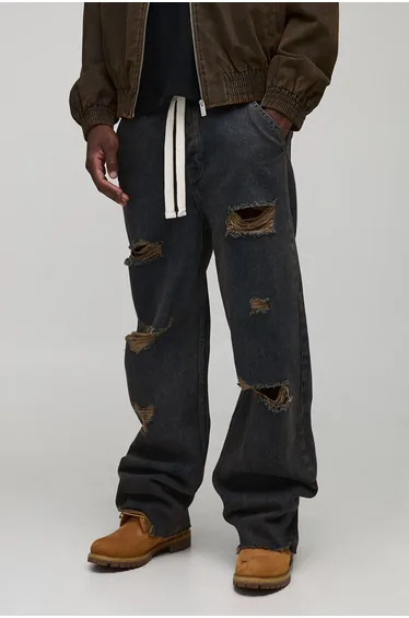 Tall Distressed Drawcord Relaxed Fit Jeans - dark wash