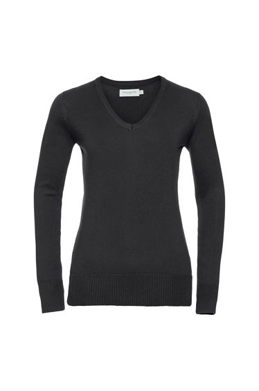 Russell Collection Ladies/Womens V-Neck Knitted Pullover Sweatshirt - Black