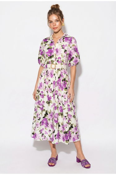 LUCCI Floral Belted Midi Shirt Dress