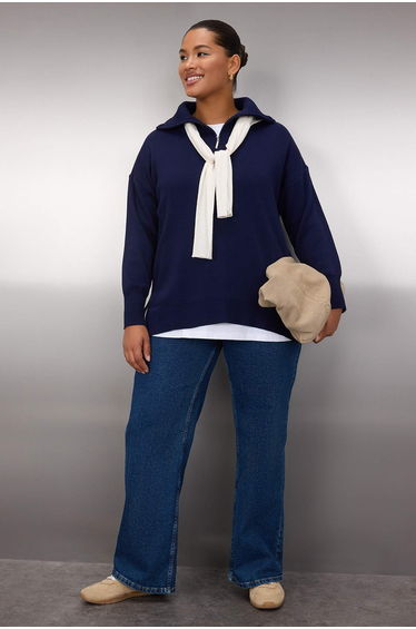 Navy Blue Turn-down Collar Zippered Knitwear Sweater