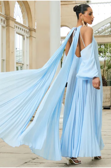 Reyna | Powder Blue Pleated Chiffon Cold-Shoulder Maxi Dress