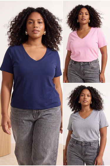 Navy Blue-Pink-Grey 3-Pack Regular Fit V-Neck Large Size T-Shirt