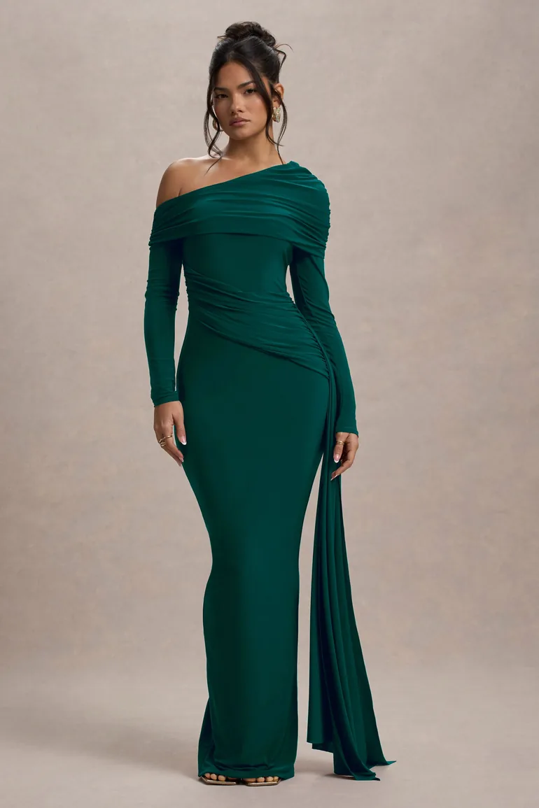 ruched asymmetric maxi dress with drape Valina White Ruched Asymmetric Maxi Dress With Drape  Club L London
