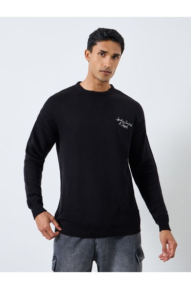 Men Black Knit Embroidered Sweater