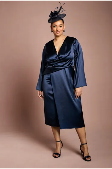 Plus Satin Wrap Front Dress With Flare Sleeve