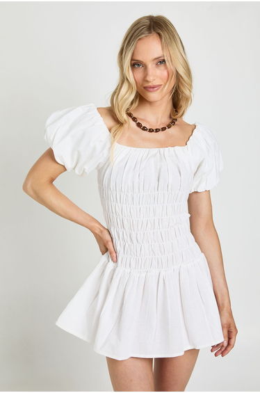 Petite Linen Look Puff Sleeve Shirred Maxi Dress - ivory