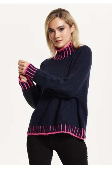 Neon Trim Wool Blend Jumper – Navy