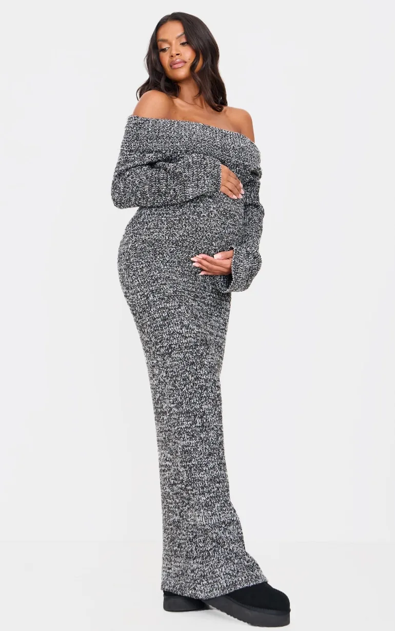 Shop Maternity Grey Boucle Knit Long Sleeve Bardot Dress Online in Oman