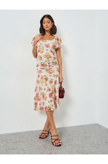 Multi Floral Sheath Midi Dress with Frill Sleeve