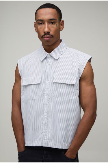Oversized Boxy Stripe Sleeveless Shirt - white