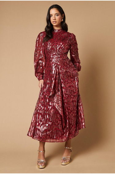 Animal Metallic Jacquard Ruffle Front Dress