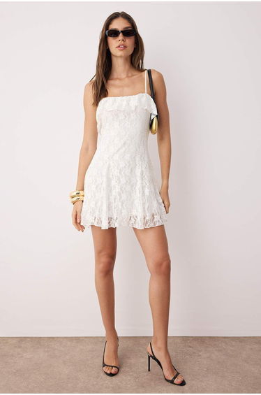 White A-Line Godeli Lined Strap Mini Chic Dress