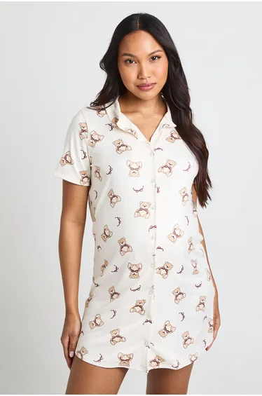 Maternity Bear Bow Print Button Through Collar Nightie - light brown