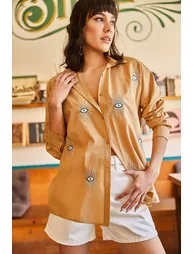 Women's Camel Woven Boyfriend Shirt with Sequin Detail - 2