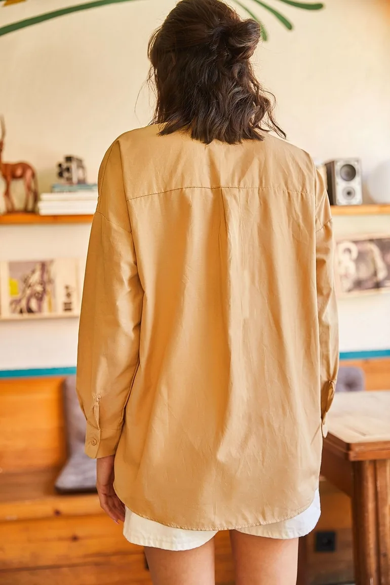 Women's Camel Woven Boyfriend Shirt with Sequin Detail - 3