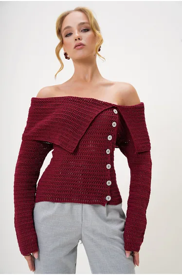 Women's Burgundy Madonna Collar Button Detailed Openwork Winter Knitwear Sweater