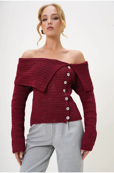 Women's Burgundy Madonna Collar Button Detailed Openwork Winter Knitwear Sweater