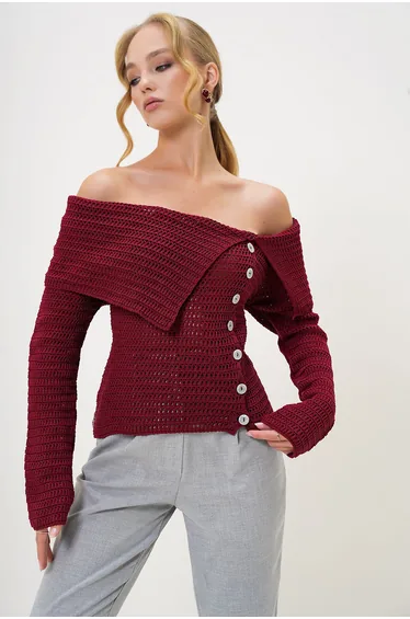 Women's Burgundy Madonna Collar Button Detailed Openwork Winter Knitwear Sweater
