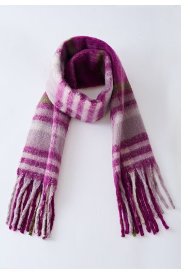 Fuzzy Mohair Plaid Pattern Scarf in Plum