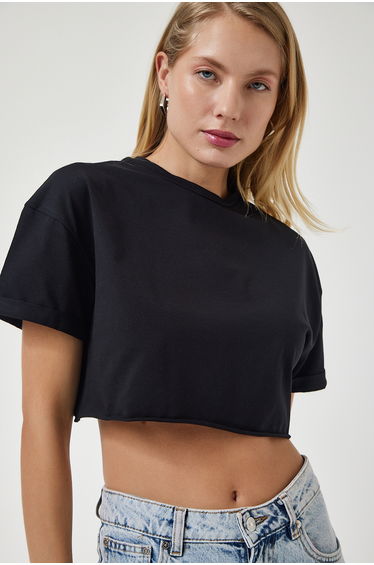 Women's Black Crew Neck Basic Crop Knitted T-Shirt