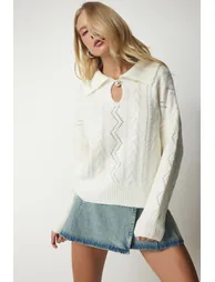 Women's Bone Pearl Buttons Pattern Knitwear Sweater - 1