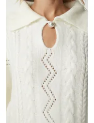 Women's Bone Pearl Buttons Pattern Knitwear Sweater - 3