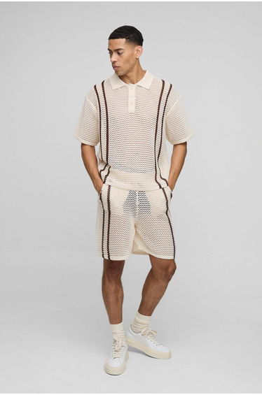 Boxy Fit Open Stitch Stripe Button Neck Knitted Polo Shorts Set - ecru