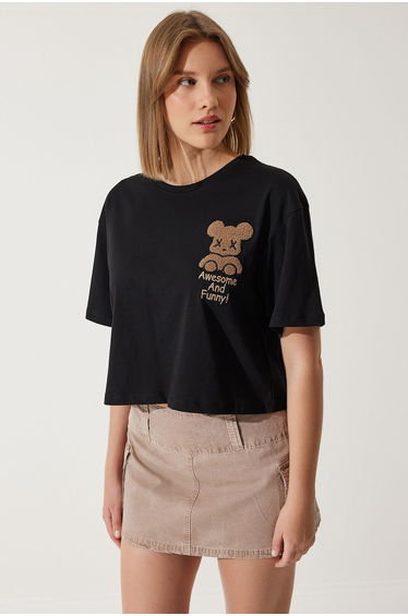 Women's Black Teddy Bear Crest Crop Knitted T-Shirt